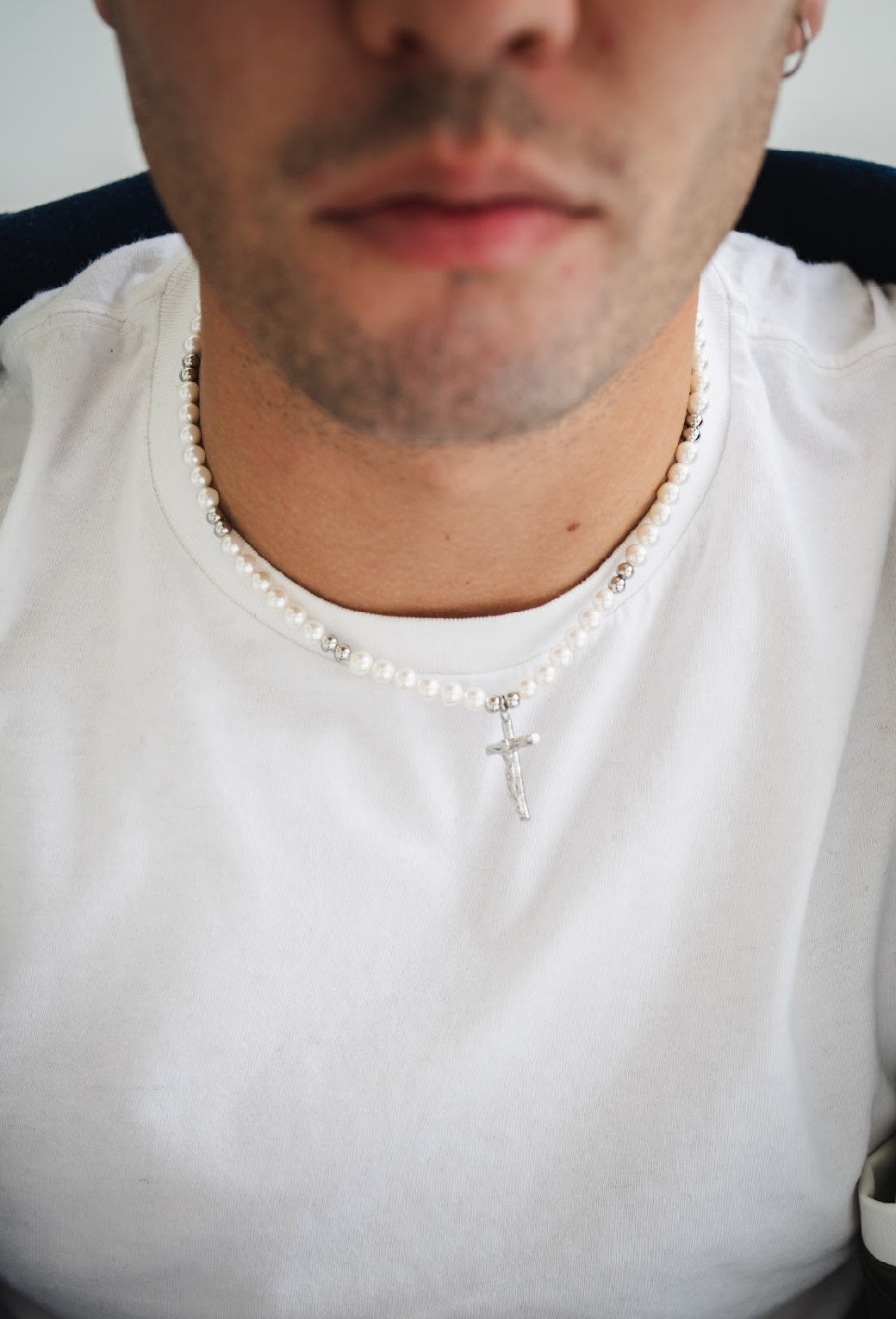 Pearl Crucifix - Silver chain for mens