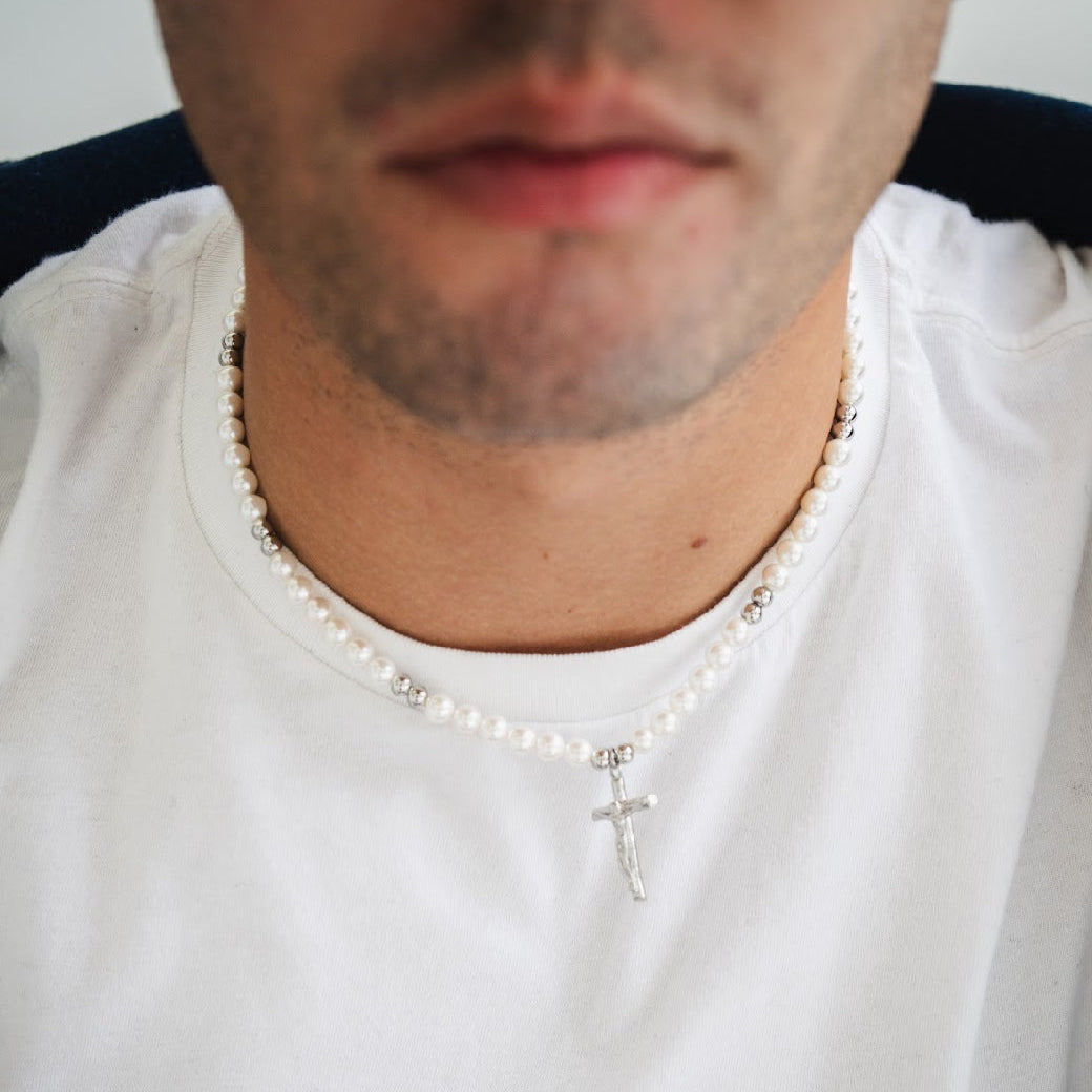 Pearl Crucifix - Silver chain for mens