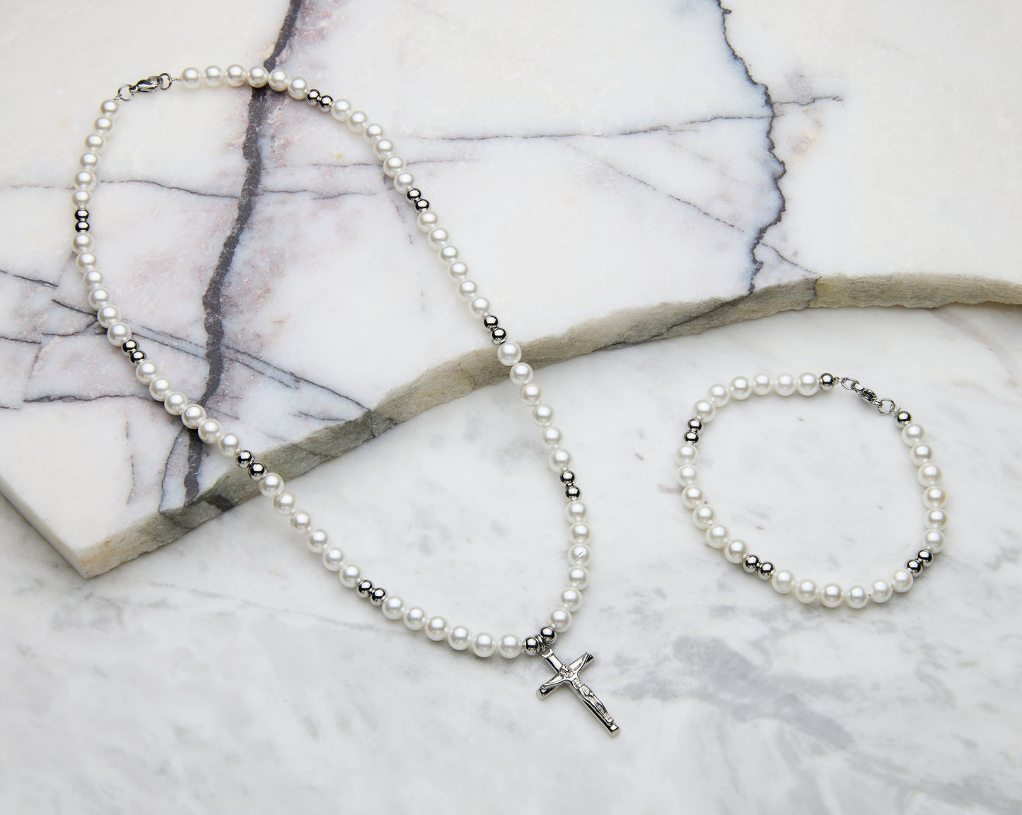 Pearl Crucifix Set - Silver