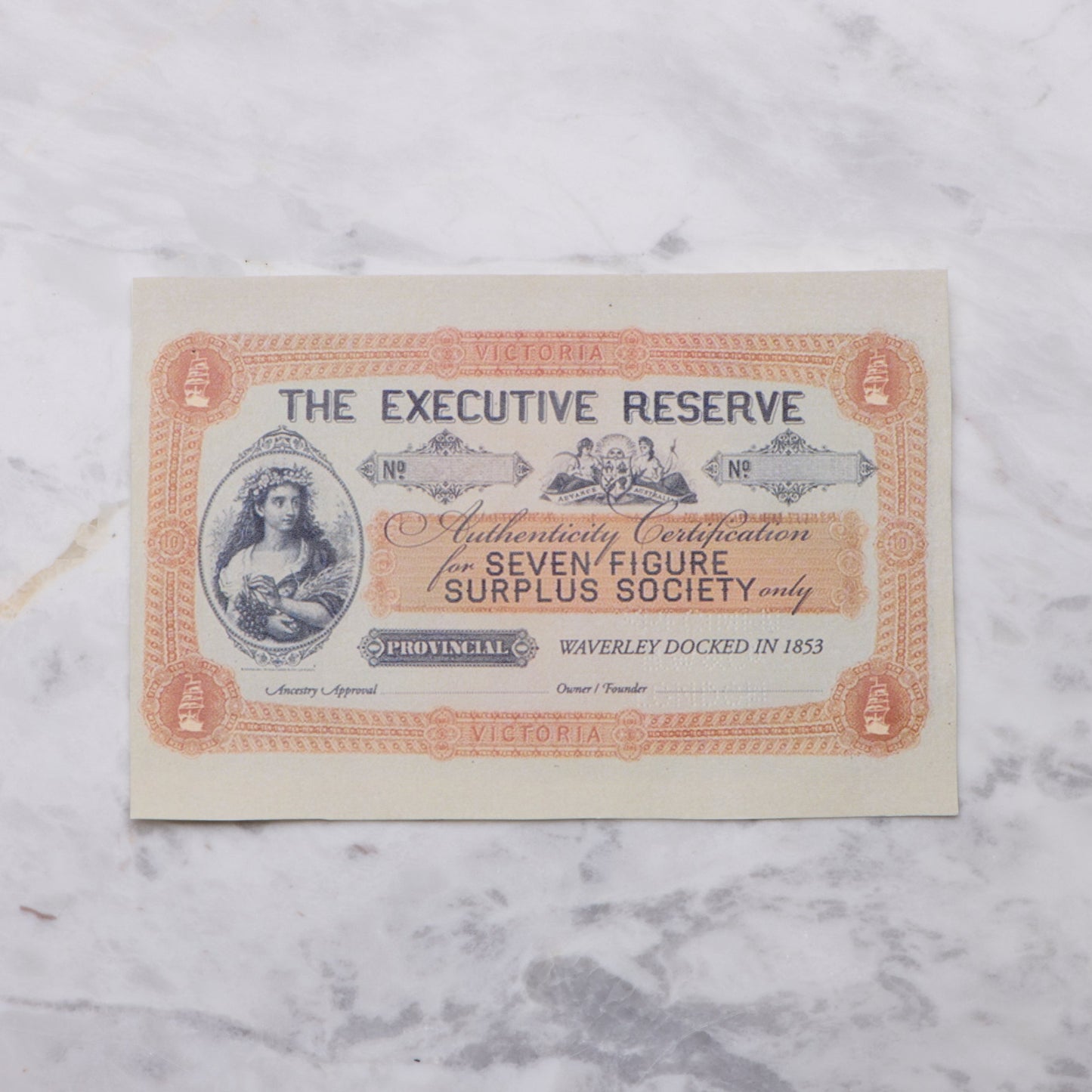 Vintage document titled 'The Executive Reserve' on a marble surface
