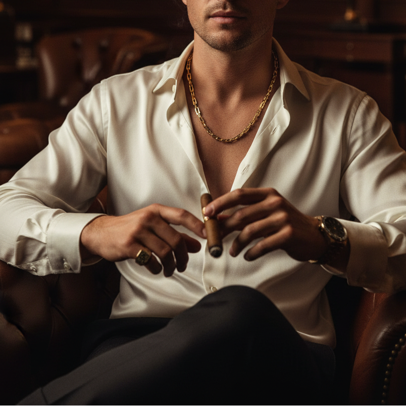 18ct Gold Chain on Model in Cigar Bar