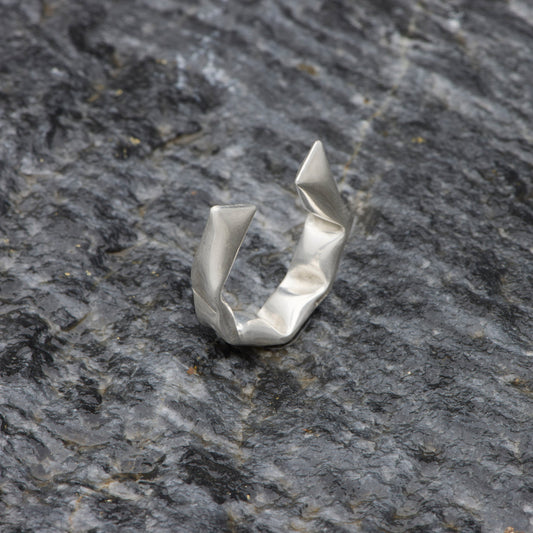 Silver ring on a textured gray stone surface