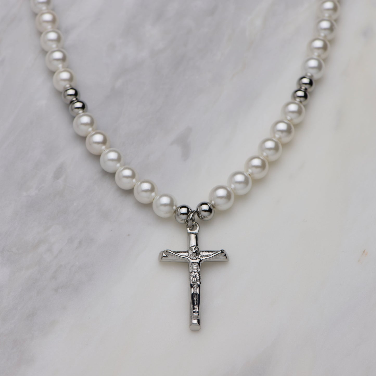 Pearl Crucifix Set - Silver