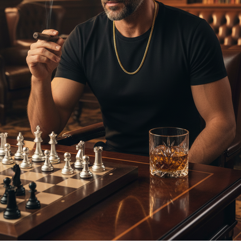 Gold Cuban Chain — Black Tee Chess Lifestyle Shot