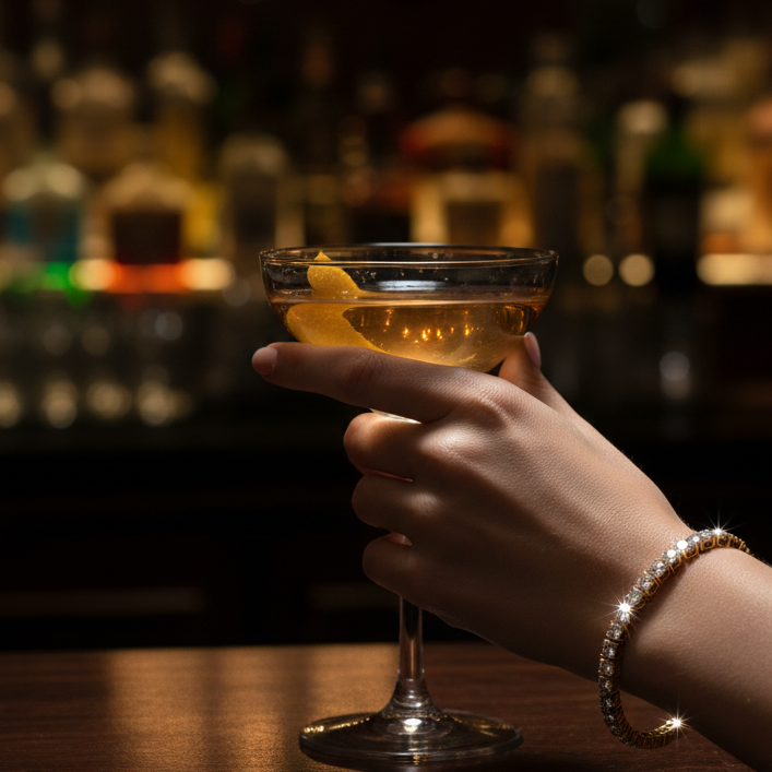 Gold Diamond Tennis Bracelet at Cocktail Bar