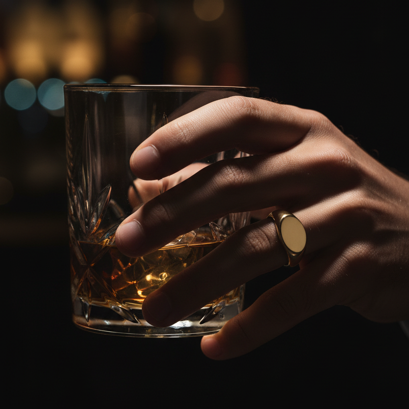 Hand holding a glass of whiskey with blurred bar lights in the background