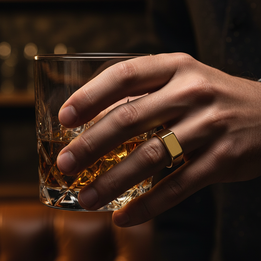 Hand holding a glass of whiskey with a blurred bar background