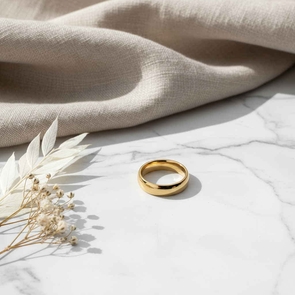 Gold ring on a marble surface with beige fabric and dried flowers