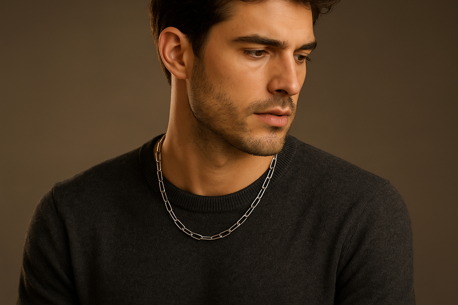 Male model in charcoal sweater wearing silver paperclip chain