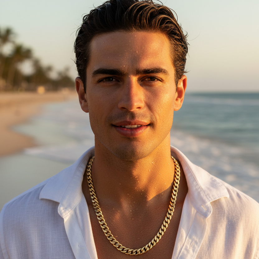 Male model wearing Miami Cuban chain at the beach with water droplets