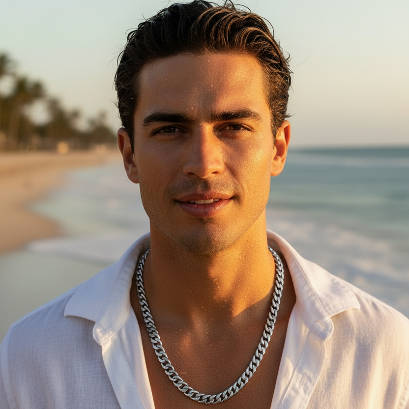 Male model wearing silver Miami Cuban chain at the beach with water droplets